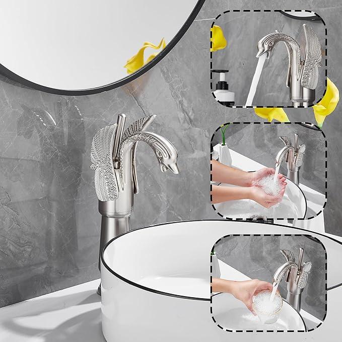 GGStudy Brushed Nickel Swan Shape Single Handle 1Hole Bathroom Vessel Sink Faucet Deck Mount Lavatory Sink Faucet - ModernBath