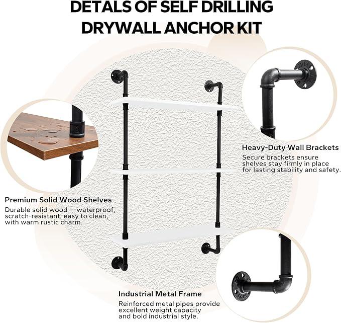 3-Tier Industrial Pipe Floating Shelf – Rustic 36 inch Wood Wall-Mounted Storage Shelf for Kitchen Office,Bathroom & Home Decor -White - ModernBath