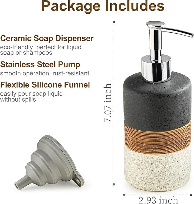 Cormomu Dish Soap Dispenser Set with Silicone Funnel, Hand Soap, Shampoo, Body Wash, Ceramic Liquid Soap Dispenser for Kitchen and Bathroom Countertops, Stainless Steel Pump, Non Slip, 12 Oz, Black - ModernBath