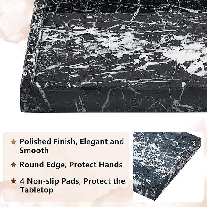 Zilukar Real Natural Marble Tray for Bathroom, Vanity, Kitchen and Desktop, Rectangle Genuine Marble Stone Tray for Jewelry, Cosmetics, Candles, Lotion, Perfume and Home Decor (Black) - ModernBath