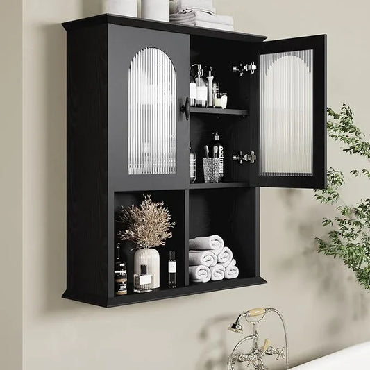 CJL Bathroom Wall Cabinet with Fluted Door, 23.6'' x 29.5'' Medicine Cabinet, Over The Toilet Storage Cabinet, Black - ModernBath