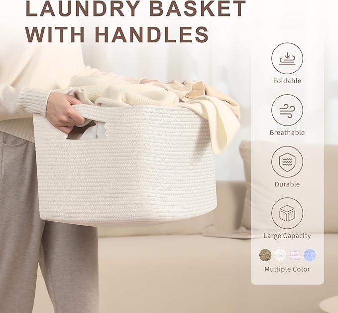 45L Small Baby Girls Laundry Basket for Nursery Storage,Cute Woven cotton Rope Baskets for Kids Toy，Gifts,Boho Square Wicker Blanket hamper for Living Room,Bedroom Dirty Clothes, White - ModernBath