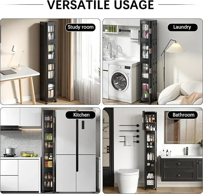 VECELO 4-Tier Tall Narrow Storage Cabinet with Movable Wheels, Adjustable Shelves, Anti-Tip, Slim, for Small Space, Bathroom, Kitchen, Laundry, Black - ModernBath