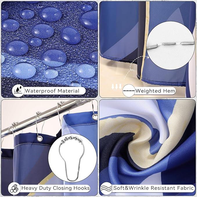 XLHOMO Blue Bathroom Set, Bathroom Sets with Stripe Shower Curtain, Navy Blue and Gold Bathroom Accessories with Trash Can, Soap Dispenser, Soap Dish, Toilet Brush Holder, Qtip Holders for Bathroom - ModernBath
