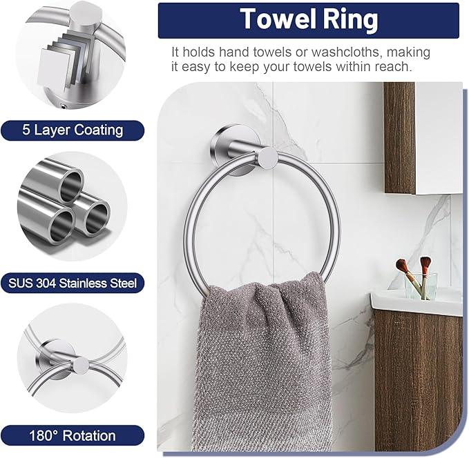 Brushed Nickel Bathroom Hardware Set, 4-Piece Towel Holder Set Include Double Bases Toilet Paper Holder,Towel Ring and 2 Towel Hooks Stainless Steel Wall Mounted Bathroom Hardware Accessories Set - ModernBath