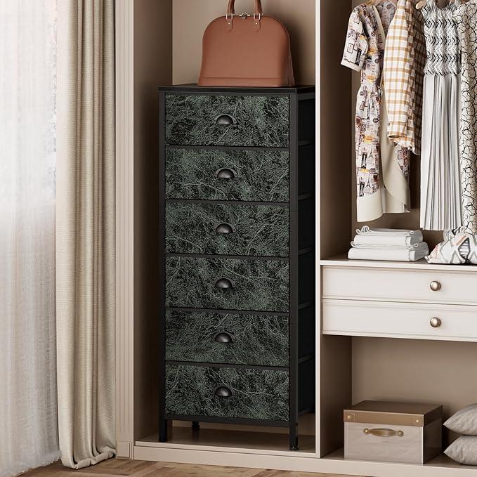 Furnulem Vertical Dresser for Bedroom,Tall Storage Tower Unit and Chest with 6 Drawers,Vintage Green Nightstand Furniture with Fabric Drawer Organizer in Dorm, Living Room,Closet,Entryway,Hallyway - ModernBath