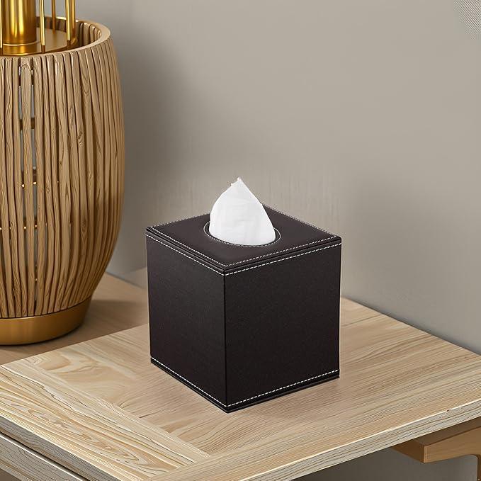 KINGFOM Square Pu Leather Tissue Box Cover, Modern Facial Tissue Holder, Roll Tissues Paper Case Dispenser for Bathroom Vanity Countertop, Night Stands, Office Desk & Car(Brown) - ModernBath