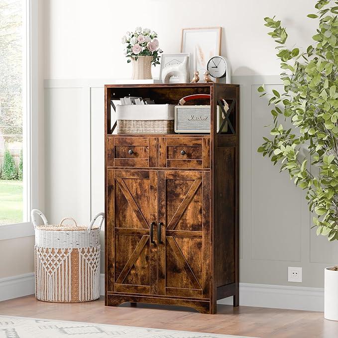SUPER DEAL Farmhouse Storage Cabinet, Bathroom Floor Cabinet Kitchen Pantry with Doors and Drawers, Hutch Cupboard for Laundry, Living Room, Bedroom, Rustic Brown - ModernBath