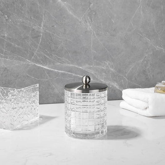 Indecor Home Clear transparent Apothecary Etched Geometric Grid Glass Jar W/Satin Nickel Metal Lid Cover for Bathroom Organization, Cotton Balls, Q Tips, and Small Accessories, Bathroom Storage - ModernBath