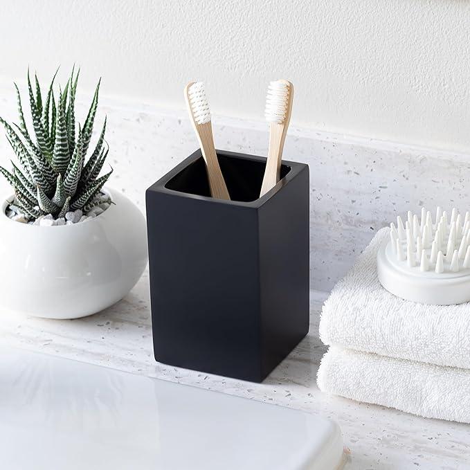 Yew Design Matte Black Toothbrush and Toothpaste Holder for Bathroom Vanity and Countertop, Square Organizer for Electric Toothbrushes, Floss, Razors, Cotton, and Mouthwash - ModernBath