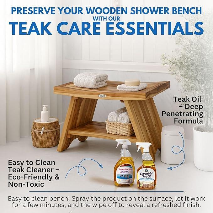 EcoDecors 30 Inch Serenity Teak Shower Bench – Waterproof Bathroom Seat with Large Storage Shelf For Adults & Seniors | Spa-Style Teak Wood Stool with Non-Slip Feet, Elegant Finish, 300 Pound Capacity - ModernBath
