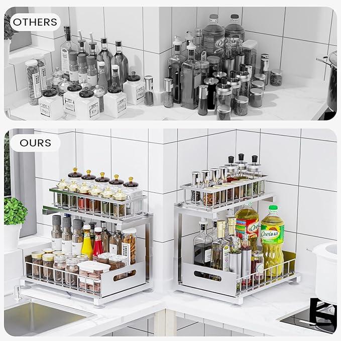 2 Pack Under Sink Organizer, Heavy Duty Meta Slide Out Sink Shelf Organizer Height Adjustable, Multi-Purpose Storage Shelf for Kitchen Bathroom (Silver,2Pack) - ModernBath
