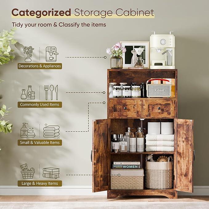 SUPER DEAL Farmhouse Storage Cabinet, Bathroom Floor Cabinet Kitchen Pantry with Doors and Drawers, Hutch Cupboard for Laundry, Living Room, Bedroom, Rustic Brown - ModernBath