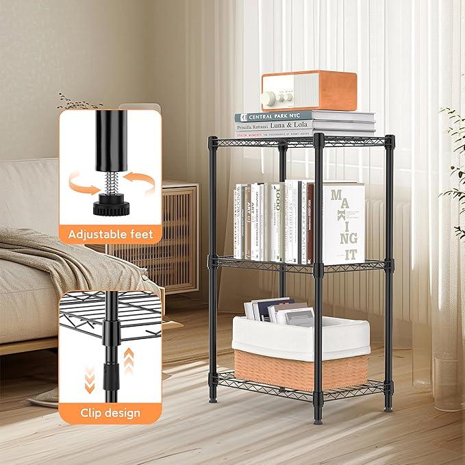 3 Tiers Shelf Metal Storage Shelves Wire Rack Closet Organizers with Wheel for Garage Kitchen Bathroom Laundry Black 11.8" D x 17.7" W x 28.8" H - ModernBath