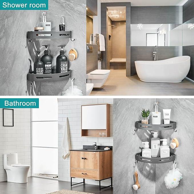 Hoomtaook 2-Tier Corner Shower Shelf No Drilling Bathroom Shelves Shower Caddies Adhesive Bath Corner Shelf Wall Mounted Bathroom Shower Caddy Organizer - Dark Grey - ModernBath
