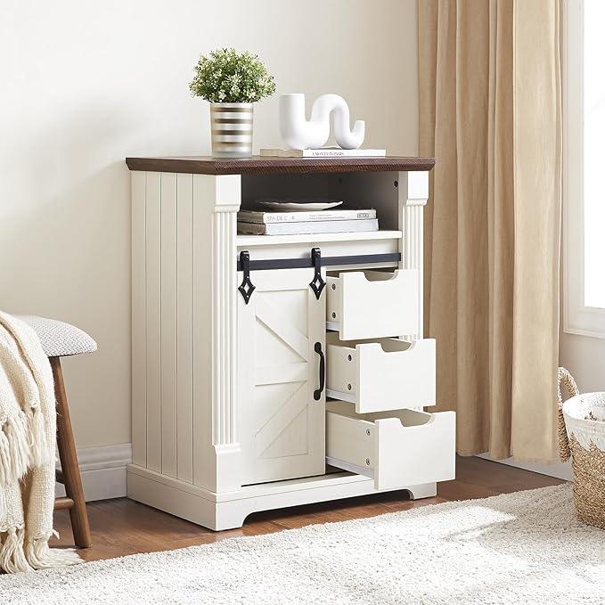 Bathroom Floor Cabinet, Farmhouse Storage Cabinet with Sliding Barn Door, Small Storage Cabinet with Drawer for Bathroom, Kitchen, Living Room, Rustic Style (Antique White) - ModernBath