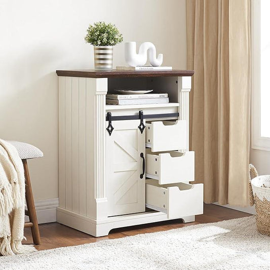 Bathroom Floor Cabinet, Farmhouse Storage Cabinet with Sliding Barn Door, Small Storage Cabinet with Drawer for Bathroom, Kitchen, Living Room, Rustic Style (Antique White) - ModernBath