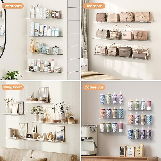 upsimples 6 Pack Acrylic Shelves for Wall Storage, 15" x 4“ Floating Bookshelves for Kids, Display Shelf Organizer for Bathroom, Bedroom, Living Room, Kitchen, Room Decor, Clear - ModernBath