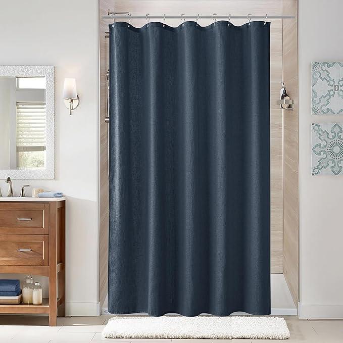 Naturoom Denim Blue 60 Inch Shower Curtain - Stall Narrow Half Linen Ultra Thick Fabric Shower Curtain Set with Hooks, Boho Farmhouse Rustic RV Camper Bath Curtains for Bathroom, 60x72 - ModernBath