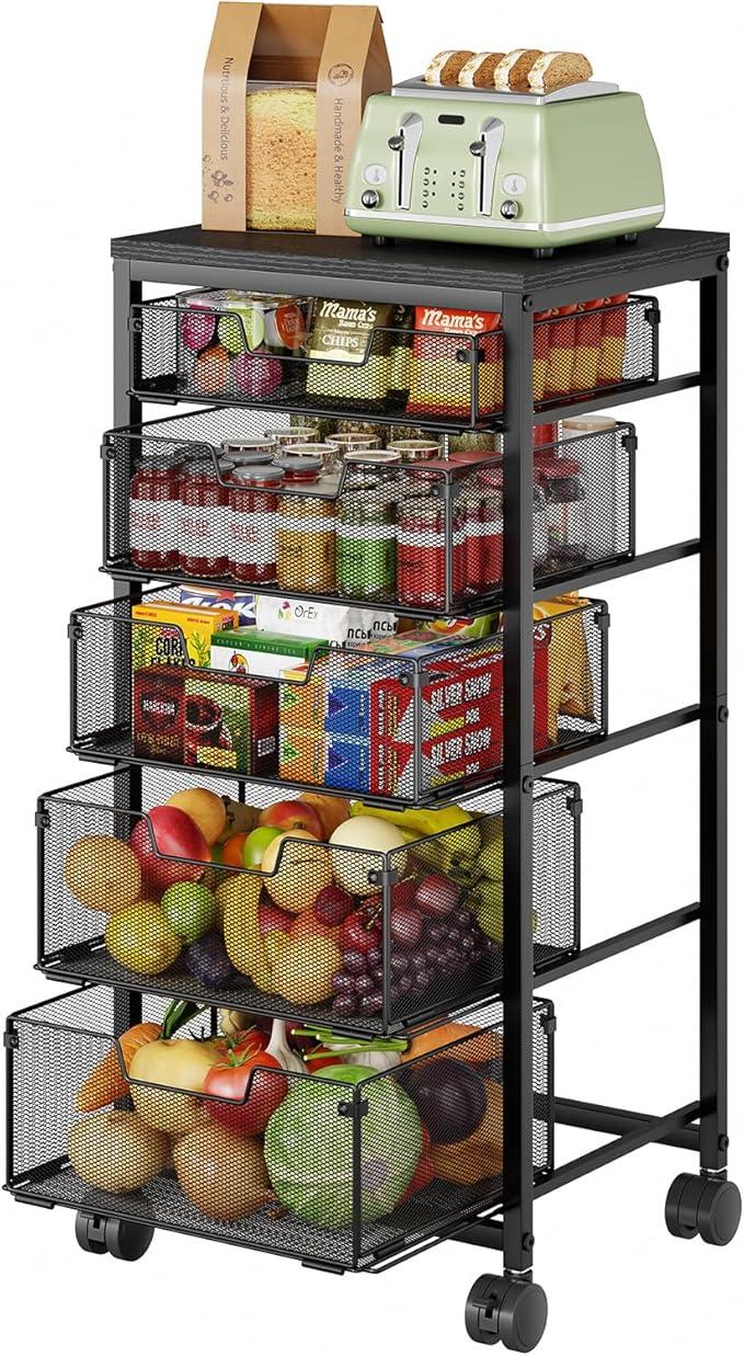 Kitchen Storage Cart with Drawer, 5-Tier Fruit Vegetable Storage Cart, Kitchen Organizer and Storage Cart with Wheels, Wooden Top Metal Wire Pantry Storage Cart rack for for Fruit Snack Onion Potato - ModernBath