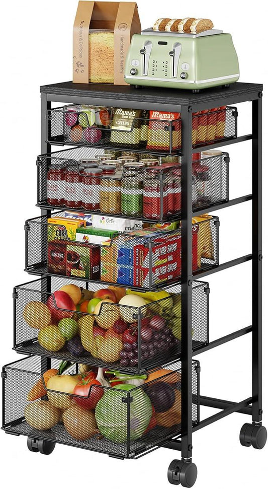 Kitchen Storage Cart with Drawer, 5-Tier Fruit Vegetable Storage Cart, Kitchen Organizer and Storage Cart with Wheels, Wooden Top Metal Wire Pantry Storage Cart rack for for Fruit Snack Onion Potato - ModernBath