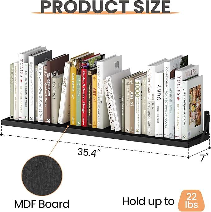 upsimples Floating Book Shelves for Wall, 35.4 Inches Long Floating Wood Shelves for Living Room, Library, Bedroom, Office Organizer and Storage, Black - ModernBath
