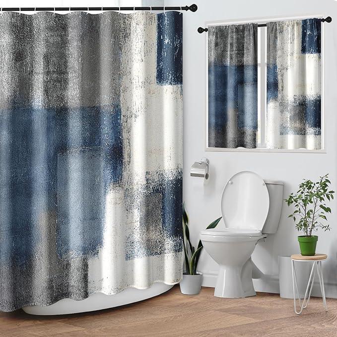 Culudea Navy Blue Grey Painting Shower Curtain Set, Gray Contemporary Modern Abstract Bathroom Window Waterproof Shower Curtain Set for Bathroom Decor - ModernBath