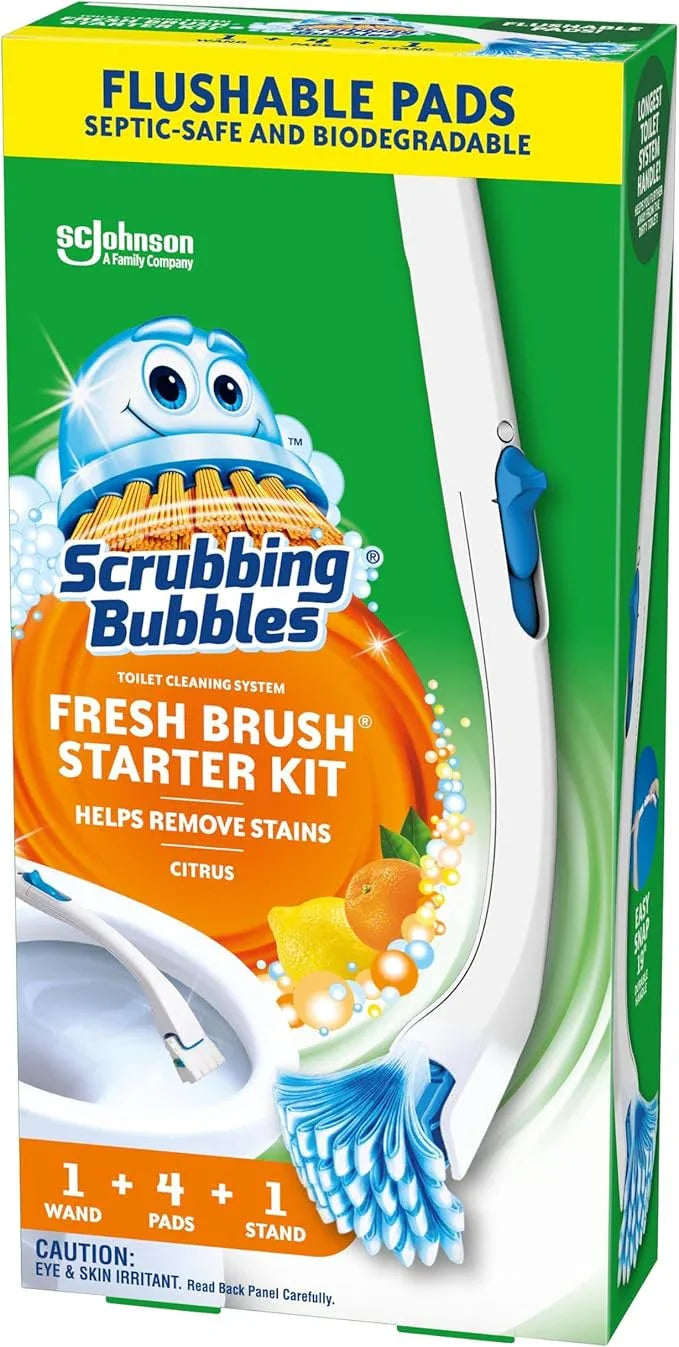 Scrubbing Bubbles Toilet Bowl Brush and Holder with Cleaner Refill Pads, Fresh Brush Toilet Wand Starter Kit, Cleans Limescale & Fights Odors, Citrus Scent, 1 Wand + 4 Refills + 1 Stand (Pack of 4) - ModernBath