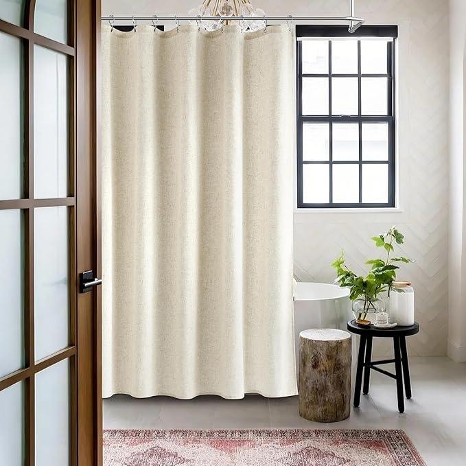 Jowels Natural Linen Shower Curtain with 12 Metal Hooks Modern Boho Neutral Thick Cloth Waterproof Bath Decor Beige Shower Curtain for Bathroom Hotel Bathtub, Cream, 72 Inch - ModernBath
