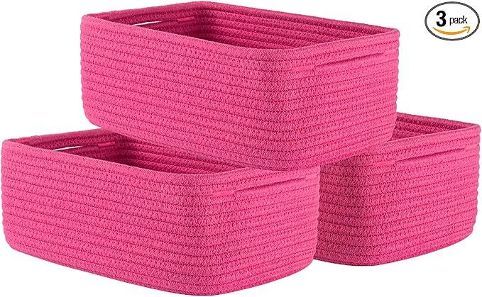 Small Woven Basket, 12 x 8 x 4.5 Inches, Storage Basket for Organizing, Cute Small Rope Shelf Closet Cube Storage Bins Baskets for Shelves, Dog Toy Gift Baskets Empty, 3 Packs, Hot Pink - ModernBath