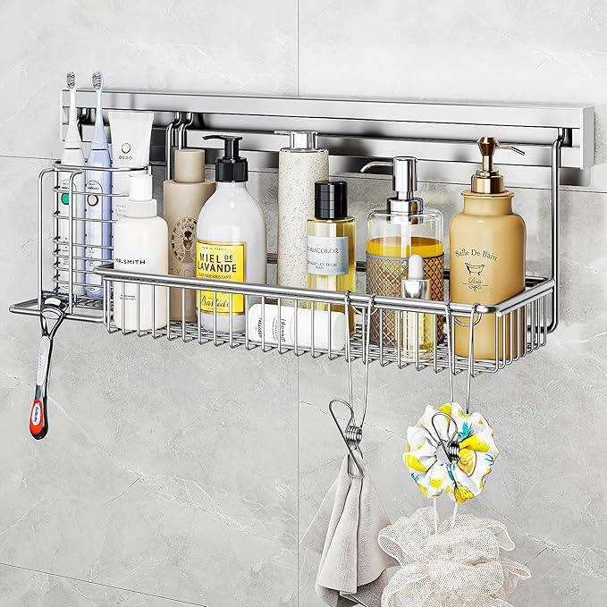 MINGLING Stainless Steel Shower Caddy, 41 cm Wall Back Crossbar Rustproof Shelves with 2 Long Tail Hook Clip, Large Capacity Bathroom Organizers and Storage - ModernBath
