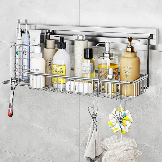 MINGLING Stainless Steel Shower Caddy, 41 cm Wall Back Crossbar Rustproof Shelves with 2 Long Tail Hook Clip, Large Capacity Bathroom Organizers and Storage - ModernBath