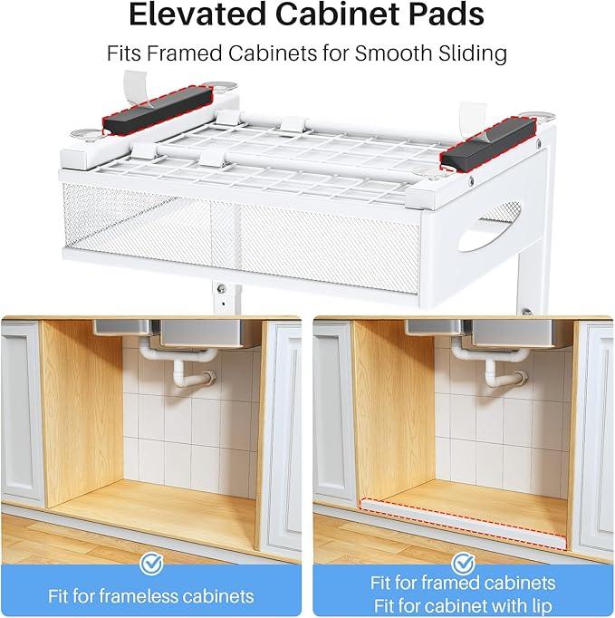 Under Sink Organizer, 2 Tier Pull Out Under Cabinet Organizer Shelf with Pad for Framed Cabinets, Metal Slide Out Under Sink Storage, Mesh Sliding Drawers for Kitchen Bathroom Laundry(White, 1 Pack) - ModernBath
