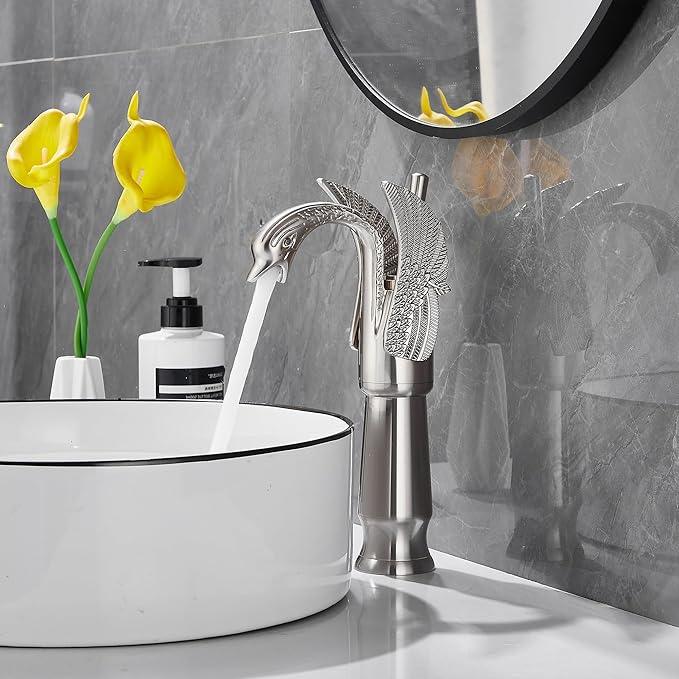 GGStudy Brushed Nickel Swan Shape Single Handle 1Hole Bathroom Vessel Sink Faucet Deck Mount Lavatory Sink Faucet - ModernBath