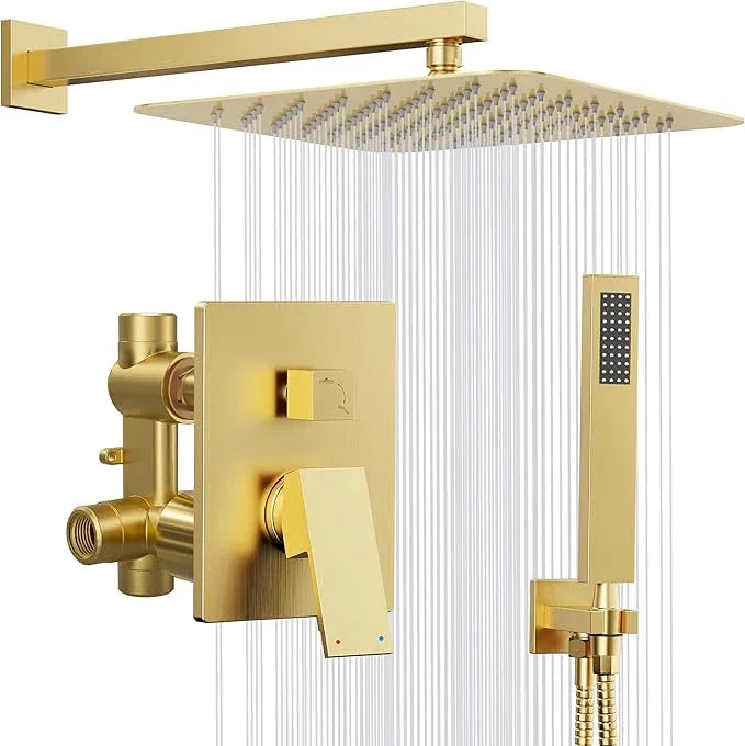 Kurpot Gold Shower System, 10'' Square Rainfall Shower Head with Handheld Combo Spray, Bathroom Brushed Gold Shower Faucet Set with Valve, 59'' Shower Hose, Shower Trim Kit and Diverter, Wall Mounted - ModernBath