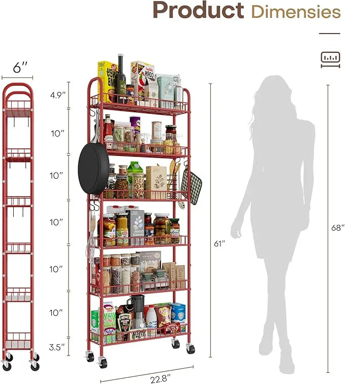 Slim Rolling Storage Cart 6 Tier, Metal Kitchen Rolling Utility Cart with Lockable Wheels for Kitchen, Bathroom, Office, Laundry Room, Small Narrow Spaces (Red 6 Inches) - ModernBath