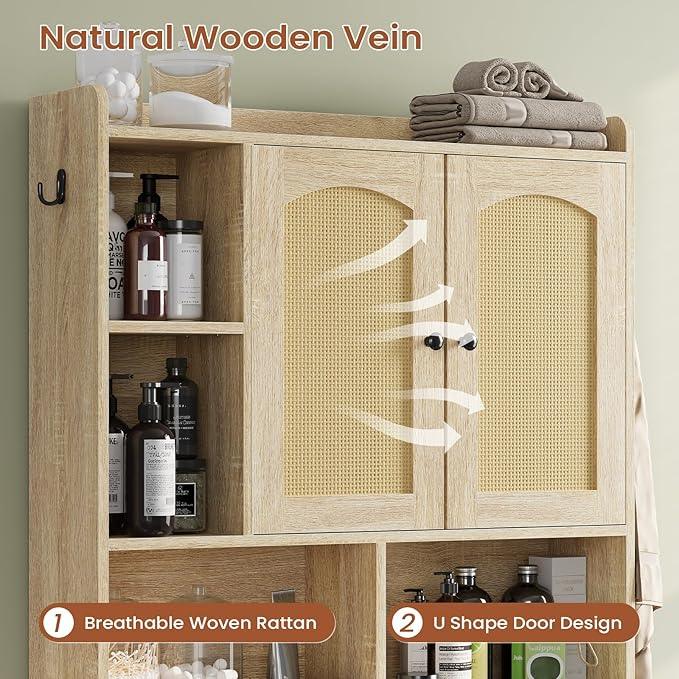 Itaar Over The Toilet Storage Cabinet, Farmhouse Rattan Bathroom Cabinet, Over Toilet Bathroom Organizer with Rattan Barn Doors & Toilet Paper Holder Stand, for Restroom, Laundry - ModernBath