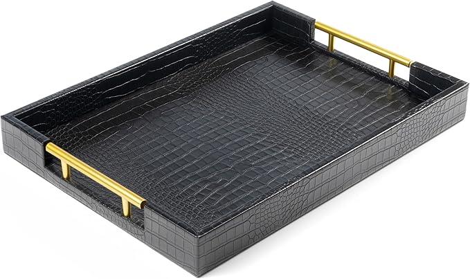ATZYmolin 17" x 12" Wood Serving Tray with Gold Polished Metal Handles, Home Decorative Wooden Rectangle Ottoman Leather Decor Platter Bathroom Vanity Tray for All Occasions Alligator Black - ModernBath