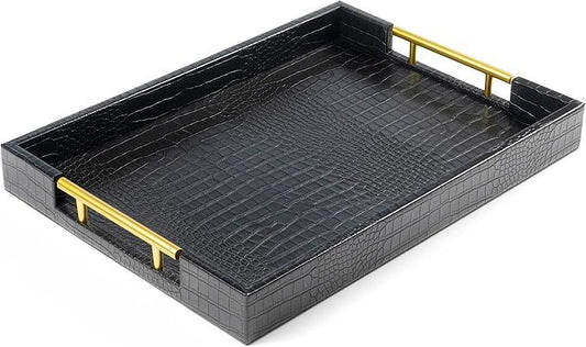ATZYmolin 17" x 12" Wood Serving Tray with Gold Polished Metal Handles, Home Decorative Wooden Rectangle Ottoman Leather Decor Platter Bathroom Vanity Tray for All Occasions Alligator Black - ModernBath
