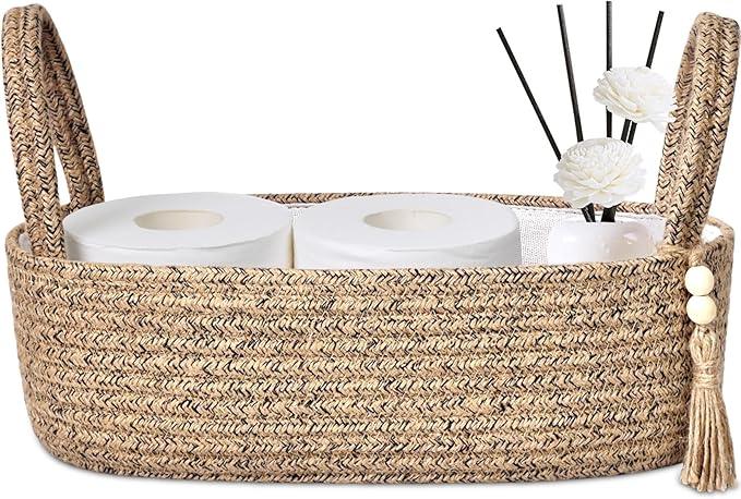 ABenkle Small Storage Basket for Toilet Tank Top - Jute Rope Woven Organizer with Handle, Boho Countertop Bathroom Decor, Toilet Paper Holder, 13x6x4 Inch - ModernBath