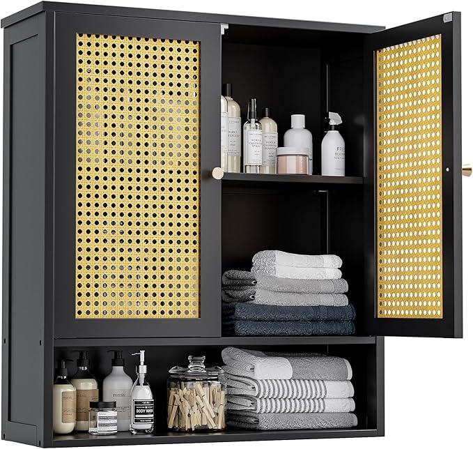 Bathroom Wall Cabinet, Bamboo Over-The-Toilet Storage Organizer with 2 Rattan Doors and Adjustable Shelf, Space Saver Medicine Cabinet for Laundry, Kitchen, Living Room (Black) - ModernBath