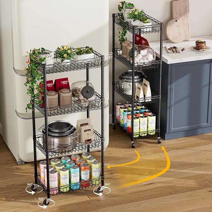 4 Tier Shelf Wire Shelving Unit Adjustable Storage Shelves Big Basket Rack Standing Units for Kitchen Closet Laundry Bathroom Organizers Metal Pantry Mesh 10" D x 16" W x 55" H Black - ModernBath