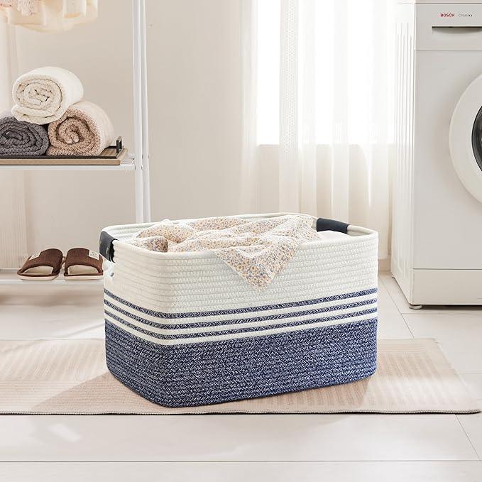 72L Large Laundry Basket with Leather Handles for Living Room Storage, Woven Rope Baskets Bin for Blanket, Kids Toy, Gifts, Wicker Hamper for Bedroom Dirty Clothes, 22"x17"x12" Denim Blue - ModernBath