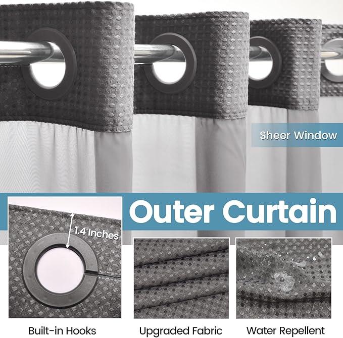 EUTXL Charcoal Grey No Hook Shower Curtain with Snap in Liner,230GSM Waffle Weave Shower Curtains for Bathroom,71W x 74H - ModernBath