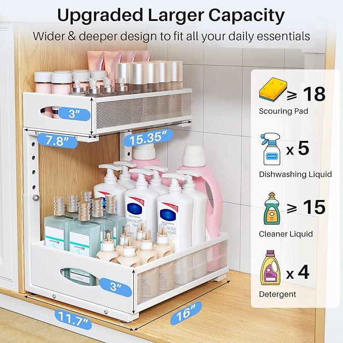 Under Sink Organizer, 2 Tier Pull Out Under Cabinet Organizer Shelf with Pad for Framed Cabinets, Metal Slide Out Under Sink Storage, Mesh Sliding Drawers for Kitchen Bathroom Laundry(White, 1 Pack) - ModernBath