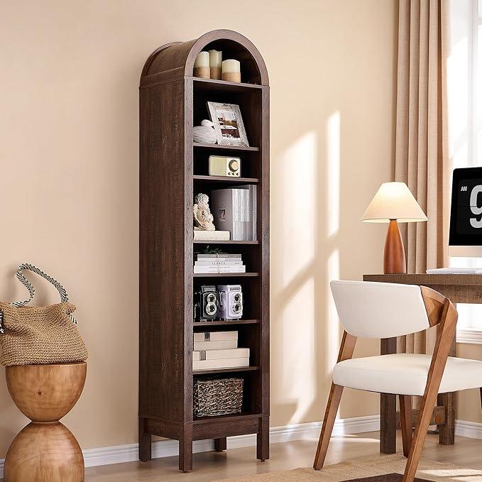 71" Tall Arched Bathroom Storage Cabinet, 8-Tier Modern Farmhouse Storage Cabinet with Adjustable Shelves, Wood Freestanding Cabinet for Bathroom, Living Room, Entryway, Hallway (Brown) - ModernBath