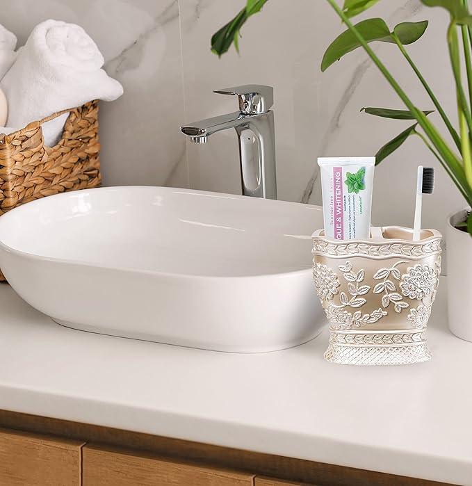 Zahari Home 4pc Rose Vine Bathroom Accessories Sets Lotion Pump, Tumbler, Tooth Brush Holder and Soap Dish Unique Design Beige Bathroom Set - ModernBath