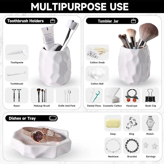 Ceramic Bathroom Accessories Set 4 PCS,Bathroom Toothbrush Holder Set,Soap and Toothbrush Holder Set,Include Toothbrush Holder,Soap Dispenser,Tumbler,Soap Dish,Bathroom Sets Decor Organizer (White) - ModernBath