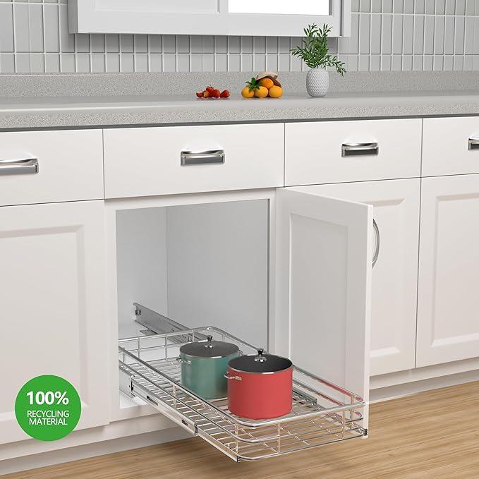 Sliding Cabinet Organizer Pull Out Shelves (11" W x 21" D), Heavy-Duty Slide Out Shelf, Steel Metal Cabinet Roll Out Shelves for Kitchen Bathroom, Chrome - ModernBath