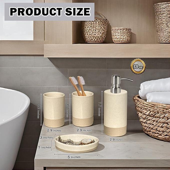 CAAS Bathroom Accessories Set 4, Beige Soap Dispenser for Bathroom, Toothbrush Holder,Tumbler Cup and Soap Dish, New Apartment Essentials, Modern Beige Bathroom Décor (Rustic) - ModernBath